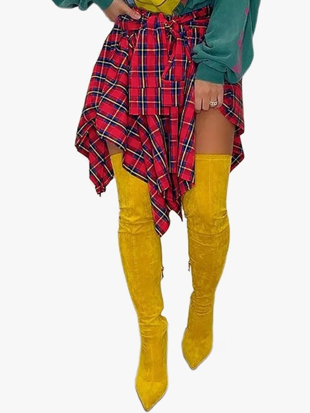 Atifuniby Women's Plaid High Waisted Knot Front Wool Asymmetrical Hem Skirt